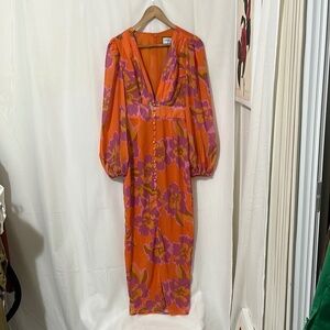 RNWY Orange and Purple Sheer Long Sleeve Maxi Dress a322